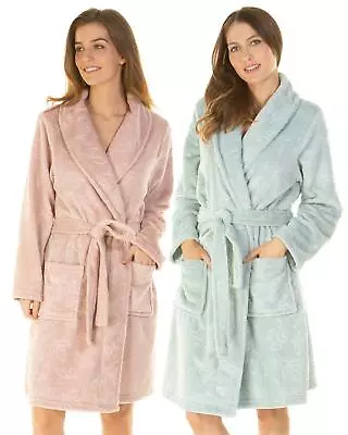 Soft Coral Fleece 'Comfy Leaves' Embossed Dressing Gown Robe La Marquise • £14.99