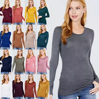 Round Neck Long Sleeve Rayon Spandex Soft Stretch T-Shirt Top Layering Tee T1489 • $11.45