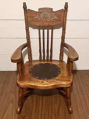 Victorian Childs Rocker Chair W/ Shell Motif Back & Leather Circle Seat 24” Oak • $249.99