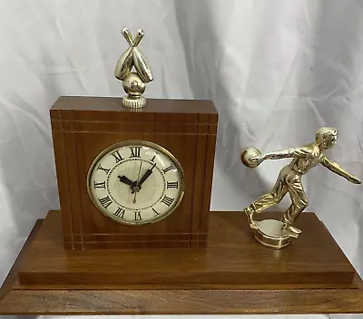 Bowling Man Figure Trophy Made USA Wood Desk Top Clock Works Vintage Art Deco • $26.55