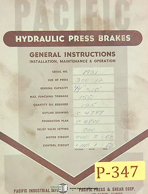 Pacific 150 Ton Hydraulic Press Brake 200-12 Setup And Operations Manual • $69