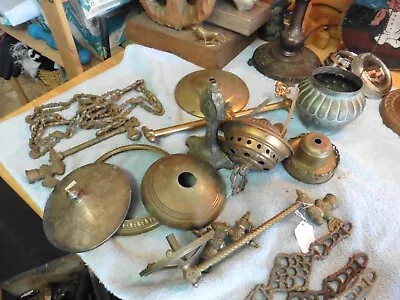 Antique Victorian Lot Lamp Parts Kerosene Canopy Cast Iron Finial Exotic Chain • $109.65
