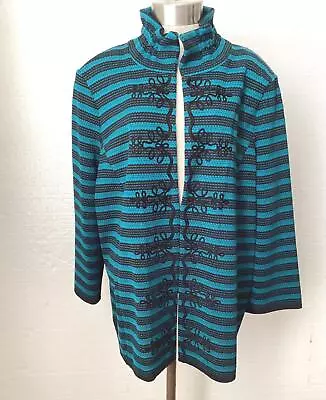 Ming Wang Ruffled Neck Striped Knit Jacket Teal Black Sz 1X NWT $340 • $67.99