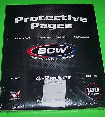 100 PRO 4-POCKET CURRENCY PAGES FOR SMALL BILLS-ACID FREE-2 5/8  X 6 1/8  BILLS • $23.95
