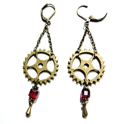 BRONZE GEAR & RED BEAD EARRINGS Pierced Ears Or Tunnels Steampunk Clockwork L5 • $10.99