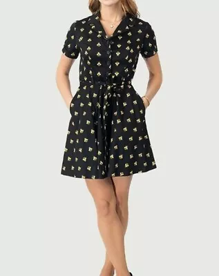 EVA Rose Dress Women's Sz S Black Yellow Bee Print Allover Belted Short Sleeve • $27.99