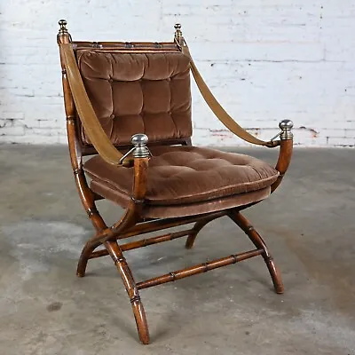 Mid-Late 20th Century Chair Brown Velvet Campaign Style X Base Sling Arm Straps • $2495