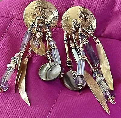 Beautiful Vtg. Tabra Gold Filled Amethyst Abalone ￼￼ Crystals ￼Earring • $299