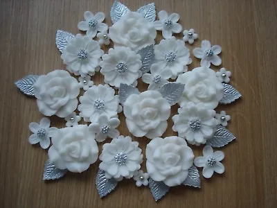 £8.65 • Buy WHITE,SILVER ROSE BOUQUET Edible Sugar Paste Flowers Cake Decorations Toppers