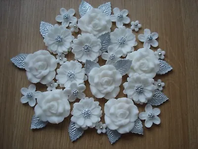 WHITESILVER ROSE BOUQUET Edible Sugar Paste Flowers Cake Decorations Toppers • £9.95