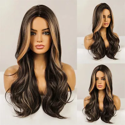 New Women Ombre Black Brown With Blonde Highlights Wavy Synthetic Long Hair Wigs • £15.60