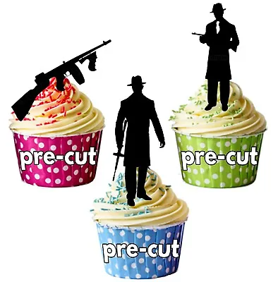 PRECUT Gangster Mob Edible Cupcake Toppers Decorations Birthday 1920 1930 Party • £3.75