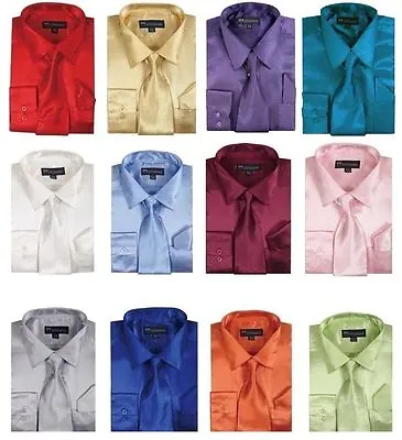 Men's Shiny Satin Polyester Formal Dress Shirt W/ Tie And Hanky Set #08 Solid • $18.99