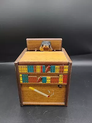 Vtg Mechanical CIGARETTE DISPENSER Wood Music Box Dog Bookcase • $19.99