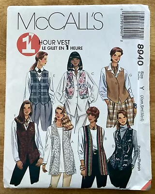 MCCALLS Sewing Pattern #8940~Misses Unlined Vests 7 Designs SZ SX-S-M Uncut • $7.95