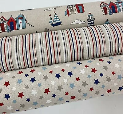 Linen Look Fabric Nautical Theme Beach Huts Stars Stripe Cotton Rich Home Decor • £5.89