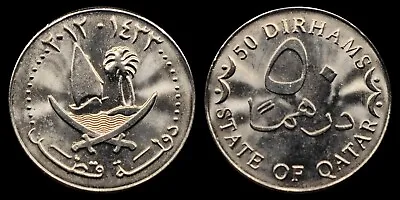 2012 Qatar 50 Dirhams Coin Two Crossed Bent Swords Dhow Island Palm Trees • $6.75