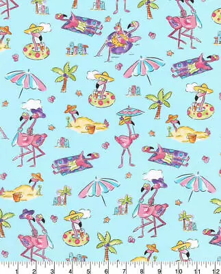 Flamingos On The Beach Cotton Fabric By The Yard Free Ship US • $12