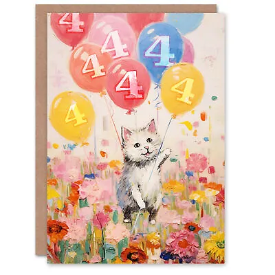 4th Birthday Greeting Card Flowers Kitty Cat Balloons Kids Age 4 Year Old Child • £4.42