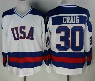 Ice Hockey 1980 Miracle On Ice Team USA Jim Craig 30# Hockey Jersey WHITE • $38.99
