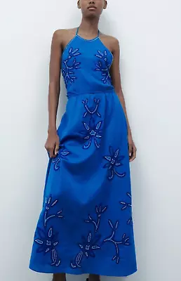 ZARA Embroidered Midi Dress. UK 6 8 10 XS Deep Blue 100% Cotton/Linen India £119 • $53.45