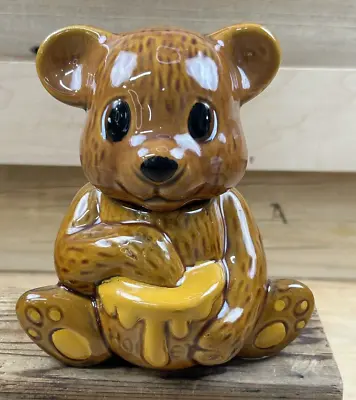 Vintage Houston Foods Ceramic Bear Honey Pot Jar Golden Brown With Dipper Taiwan • $15.65