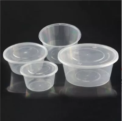 Round Food Containers Plastic Clear Storage Tubs + Lids Deli Pots Food Takeaway • £3.50