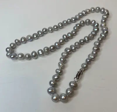 Vintage Freshwater Baroque Silvertone Grey Strung Knotted Pearl Necklace • $24.99