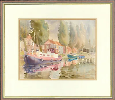 Karen Simmons - Signed And Framed Contemporary Watercolour Canal Boats Bruges • £66