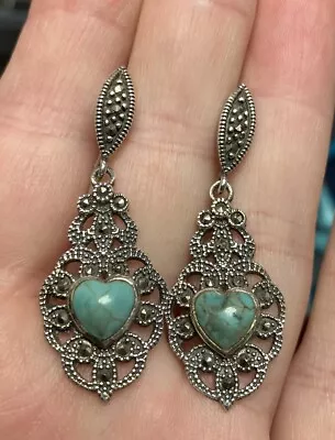 Sterling Silver Marcasite & Blue/Green Stoned Drop Ear Rings • £2.20