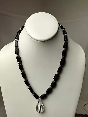 Vintage Black Rectangular Glass Beads  Necklace With Clear Black & White Pendant • $24