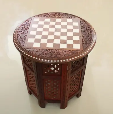 Vintage Look Chess Board Carved Inlaid Work Coffee Round Table Foldable Art Deco • $175