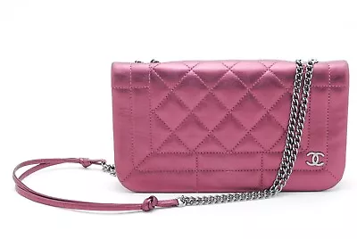 CHANEL Chain Shoulder Bag Metallic Leather Purple Pink Flap Matelasse Authentic • $1899