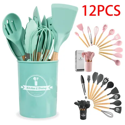 $34.99 • Buy Set Of 12PCS Silicone Utensils Wooden Cooking Kitchen Baking Cookware BPA Gift