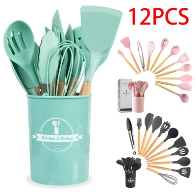 $34.99 • Buy Set Of 12PCS Silicone Utensils Wooden Cooking Kitchen Baking Cookware BPA Gift