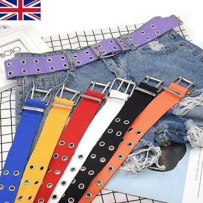Canvas Double Grommet Holes Belt 2-Row Studded Women Men Waist Strap Belts Band • £6.29
