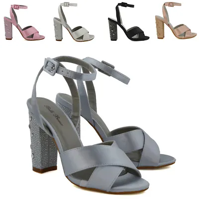 £9.99 • Buy Womens Ankle Strap Satin Shoes Ladies Block Heel Diamante Prom Bridal Sandals 