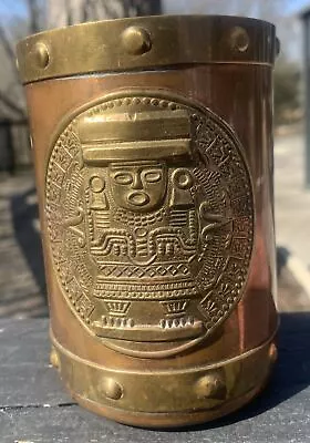 Stamped Brass & Hammered Copper Mexican Aztec Sun God Mug/ Cup~ Vintage • $13.97