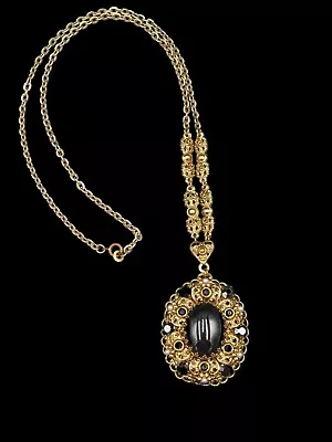 Vintage Western Germany Hematite Pearl & Rhinestone Filigree Pendant Necklace • $88