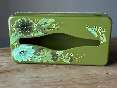 Vtg Ransburg Avocado Green Blue Daisy Floral Wall Mountable Tissue Box Tin 1960s • $27.50