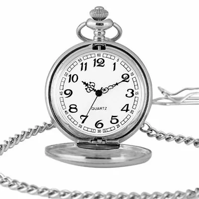 Antique Mens Silver Smooth Quartz Pocket Watch Full Hunter Pendant Chain Gifts • $4.74