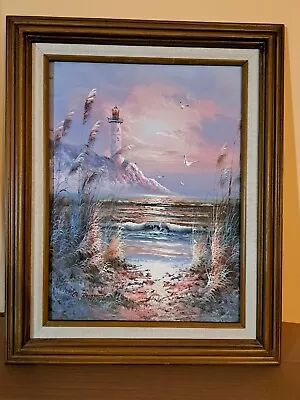 Vintage Canvas Oil Painting Signed Lighthouse Scene 12x16 Framed #2445LHall • $149