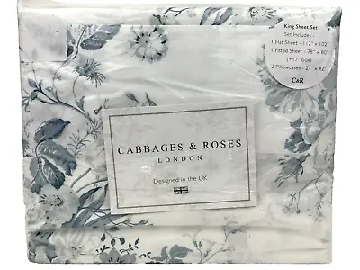 Cabbages And Roses KING Blue White Sheet Set Luxury Cotton Percale Constance • $109.99