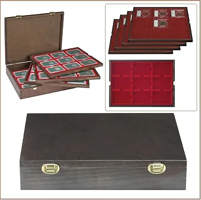 Lindner 2494-19 CARUS-4 Wood Coin Case 4 Tab Red For 36 US Slab Coin Capsules • £86.06