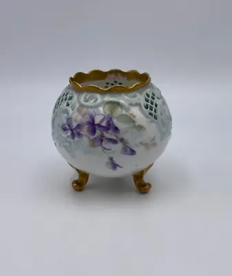 Antique Vienna Austria Leonard Violets Reticulated Footed Round Vase • $67.20