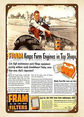 1947 Fram Filters Oliver Tractors Farm Engine Oil Maintenance Metal Tin Sign • $15.93