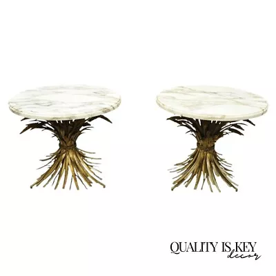 Pair Italian Hollywood Regency Gold Gilt Iron Wheat Sheaf Marble Top Side Table • $2250