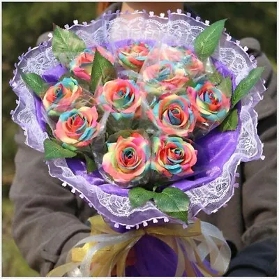 8x Colorful Fake Flowers Bouquet Rainbow Artificial Rose  Home Party Decor Kit • £10.99