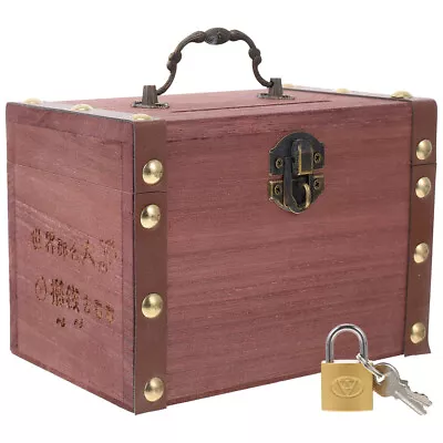 Wooden Money Box Iron Child Piggy Bank Treasure Case Spare Change Saving Banks • £11.99