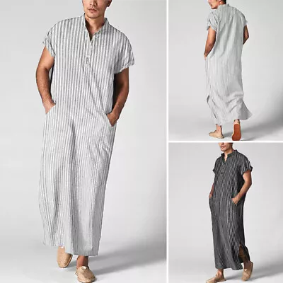 INCERUN Mens Short Sleeve Stripe Dishdasha Kaftan Homewear Pajamas Thobe Dress • $18.04